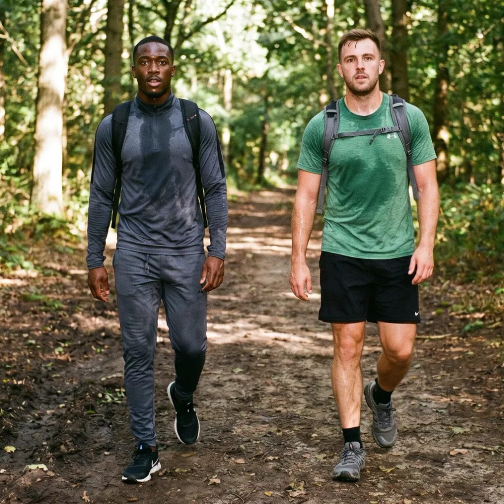 Фотосессия с друзьями после тренировки: лесная тропинка, спортивный костюм, рюкзаки, средний план