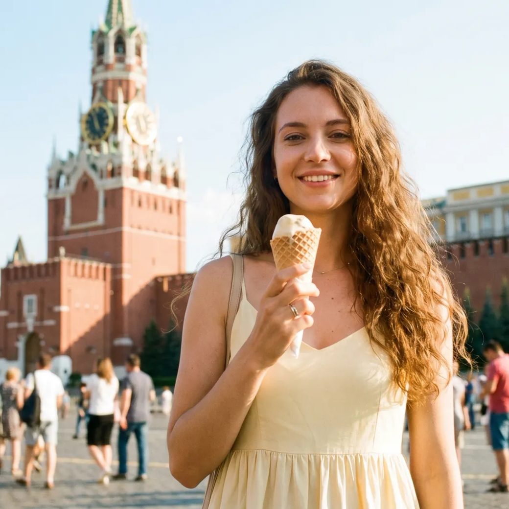 Молодая женщина с длинными волосами в лёгком светло-жёлтом платье стоит на Красной площади, глядя прямо в камеру, средний план, в одной руке держит мороженое в вафельном рожке; позади видна Спасская башня и туристы, солнечный летний день.