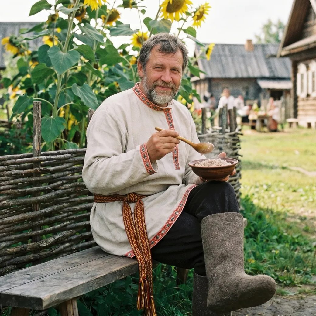 Мужчина в традиционном кафтане с поясом и валенками сидит на деревянной скамье у плетёной изгороди. В одной руке он держит ложку, в другой — миску с кашей, с лёгкой улыбкой смотрит прямо в камеру. На заднем плане подсолнухи и деревенский двор. Средний план, дневное освещение.
