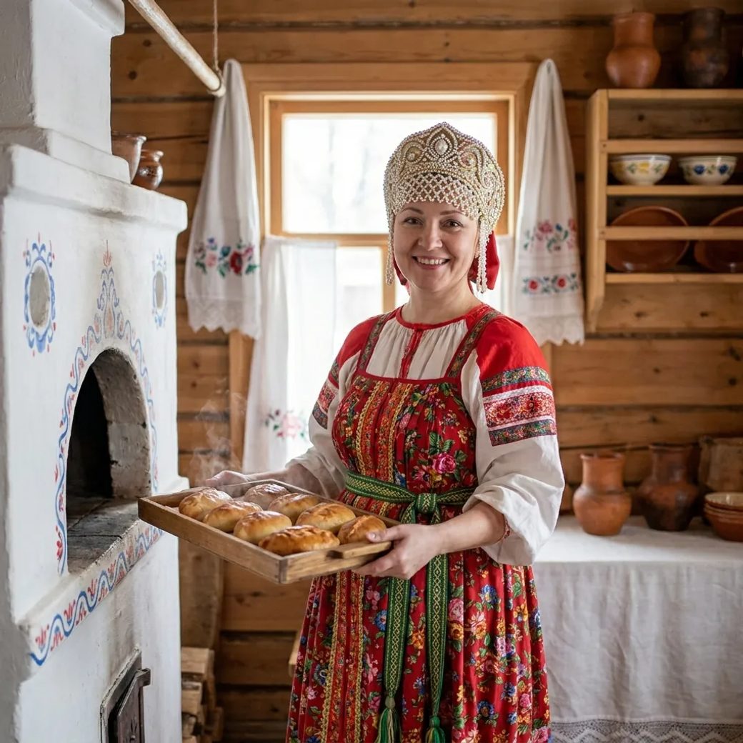 Женщина в ярком сарафане с зелёным поясом и кокошником, украшенным жемчугом, стоит у старинной русской печи с расписными узорами. В руках она держит поднос с домашними пирогами, тепло улыбаясь, смотрит в камеру. На заднем плане интерьер деревянной избы с рушниками и керамической посудой. Мягкое освещение, акцент на её одежде и уюте сцены.