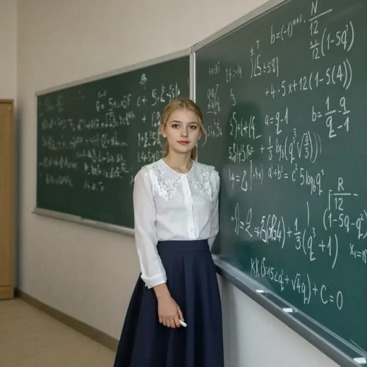 Классический школьный портрет у меловой доски с формулами.