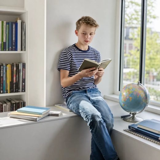 Непринуждённый школьный портрет с книгой на широком подоконнике.