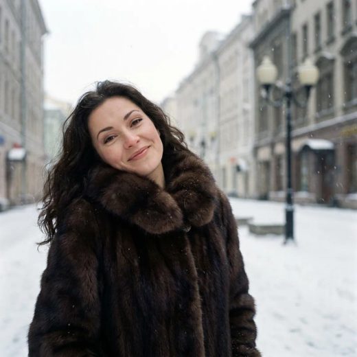 Женщина на улице Москвы среди снегов, в шикарной соболиной шубе средней длины с широким воротником, мех естественной текстуры. Она стоит в среднем плане, смотрит прямо в камеру, легкий макияж, волосы распущены, позирует с игривым наклоном головы, создавая ретро-атмосферу.