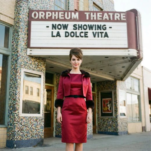 Девушка в атласном платье вишневого цвета с поясом на талии и воротником, сверху короткая куртка с меховыми вставками, высокая ретро-прическа, стоит у входа в старый кинотеатр с мозаикой, средний план, прямой взгляд в камеру, пленочная ретро-атмосфера.