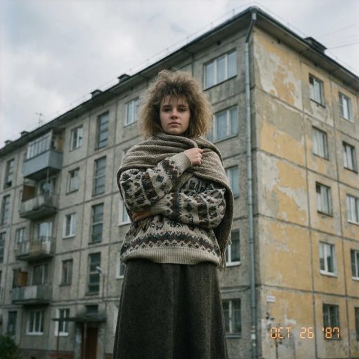 Девушка в объемной кофте с жаккардовым узором и длинной плотной юбке, на плечах старомодный шарф, волосы уложены в стиле 80-х, стоит у панельного дома с облупившейся штукатуркой, средний план, смотрит прямо в камеру, пленочная атмосфера.