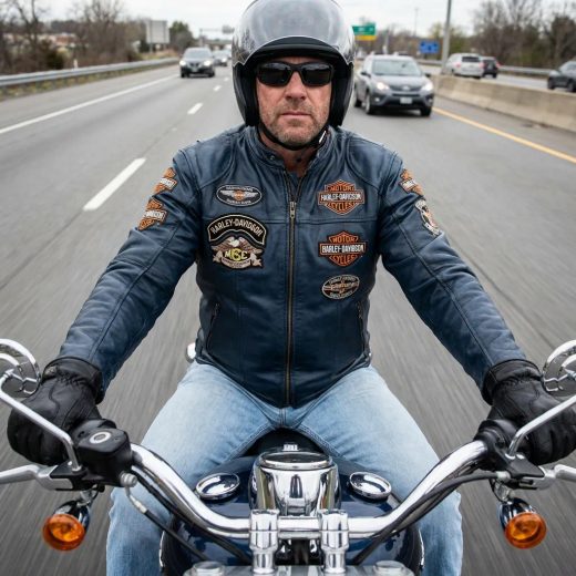 Мужчина в темно-синей кожаной куртке с нашивками Harley-Davidson, светлых джинсах и черных перчатках ведет мотоцикл по автомагистрали. Средний план, руки крепко держат руль, взгляд уверенно направлен в камеру, фон — полосы размытого асфальта.