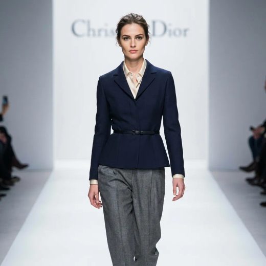 Женщина позирует на подиуме в образе от Dior: жакет темно-синего цвета с акцентированной талией и тонким поясом, под ним светлая шелковая блуза и строгие серые брюки с защипами. Фон чистый, освещение мягкое и равномерное, средний план, взгляд прямой.