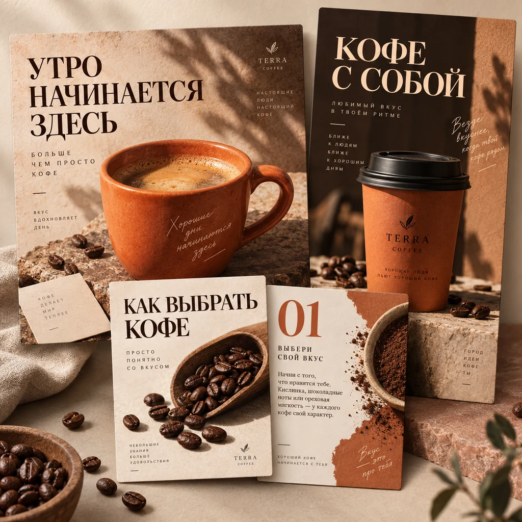 Пример контента кофейни: квадратный пост, вертикальная сторис и карточки карусели